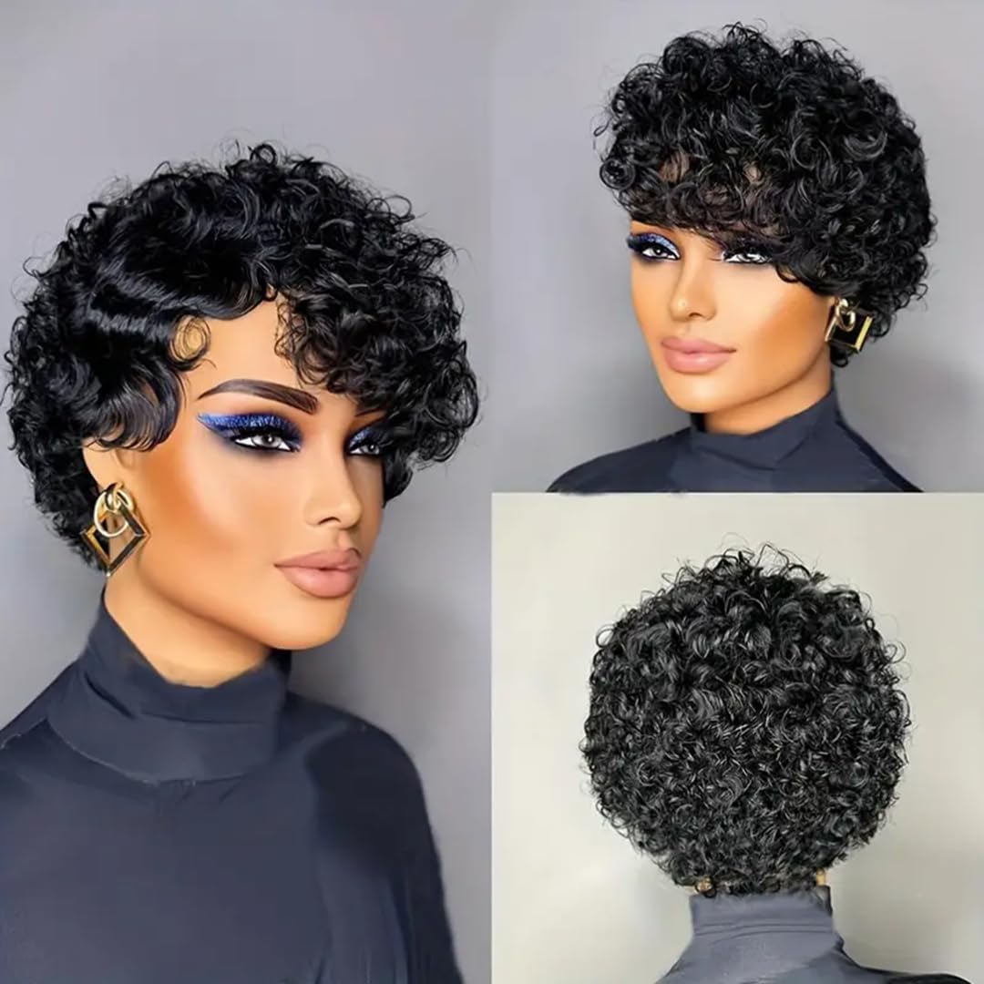 PurpleSexy Chic Elegent Short Curly Pixie Cut Human Hair Wig With Bangs Layered Pixie Wigs for Black Women Brazilian Virgin Curly Wave Human Hair Glueless Full Machine Made Wig