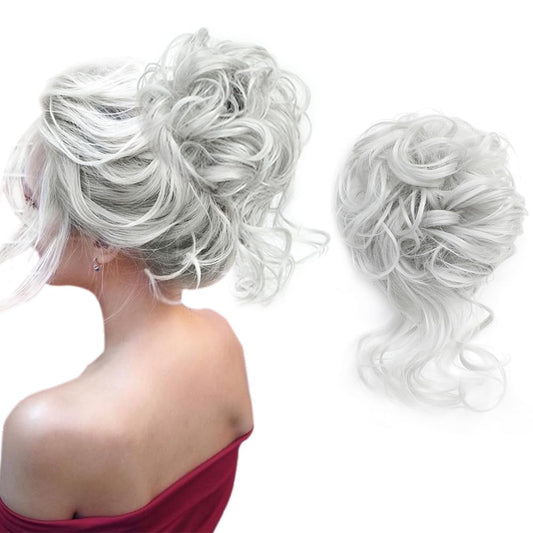 KETHBE Messy Bun Hair Piece Tousled Updo Hair Buns Extension Elastic Hair Band Hair Pieces Curly Hair Bun Scrunchie For Women (Silver Gray)