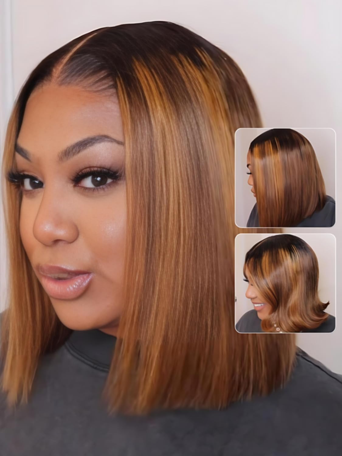 Nadula 13X4 HD Honey Brown Piano Highlight Bob Straight Drawstring Wig Human Hair - Pre Everything Glueless Ombre Bob Lace Front Wig with Ear Tape - Ready to Go Short Blunt Bob Wig 10inch
