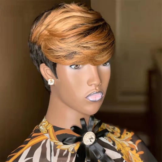 QiaQiaRing Pixie Cut Wigs For Black Women 1b/30 Color Brazilian Virgin Remy Human Hair Short Layered Pixie Human Hair Wigs with Bangs Glueless Wear and go Lightwight for Daily Use (1b/33)