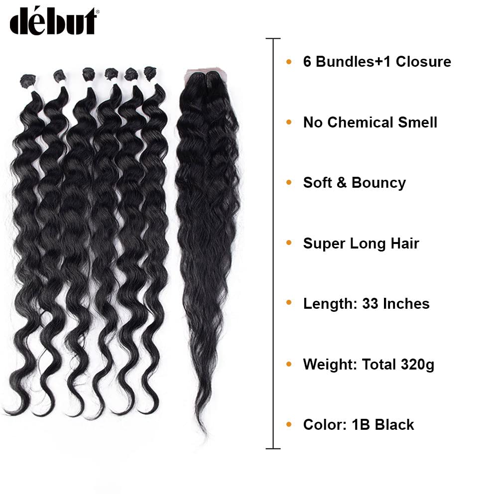 DÉBUT Wavy Long Synthetic Hair 6 Bundles with Easy Closure Body Wave High Temperature Fiber Hair Weave 7PCS 320g 1B Color