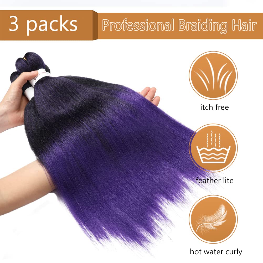 Purple Braiding Hair Pre Stretched 24 inch 3 Packs Braiding Hair Soft Yaki Texture, No Itch, Hot Water Setting Synthetic Hair Extensions for Braids (24in,1B/Purple)
