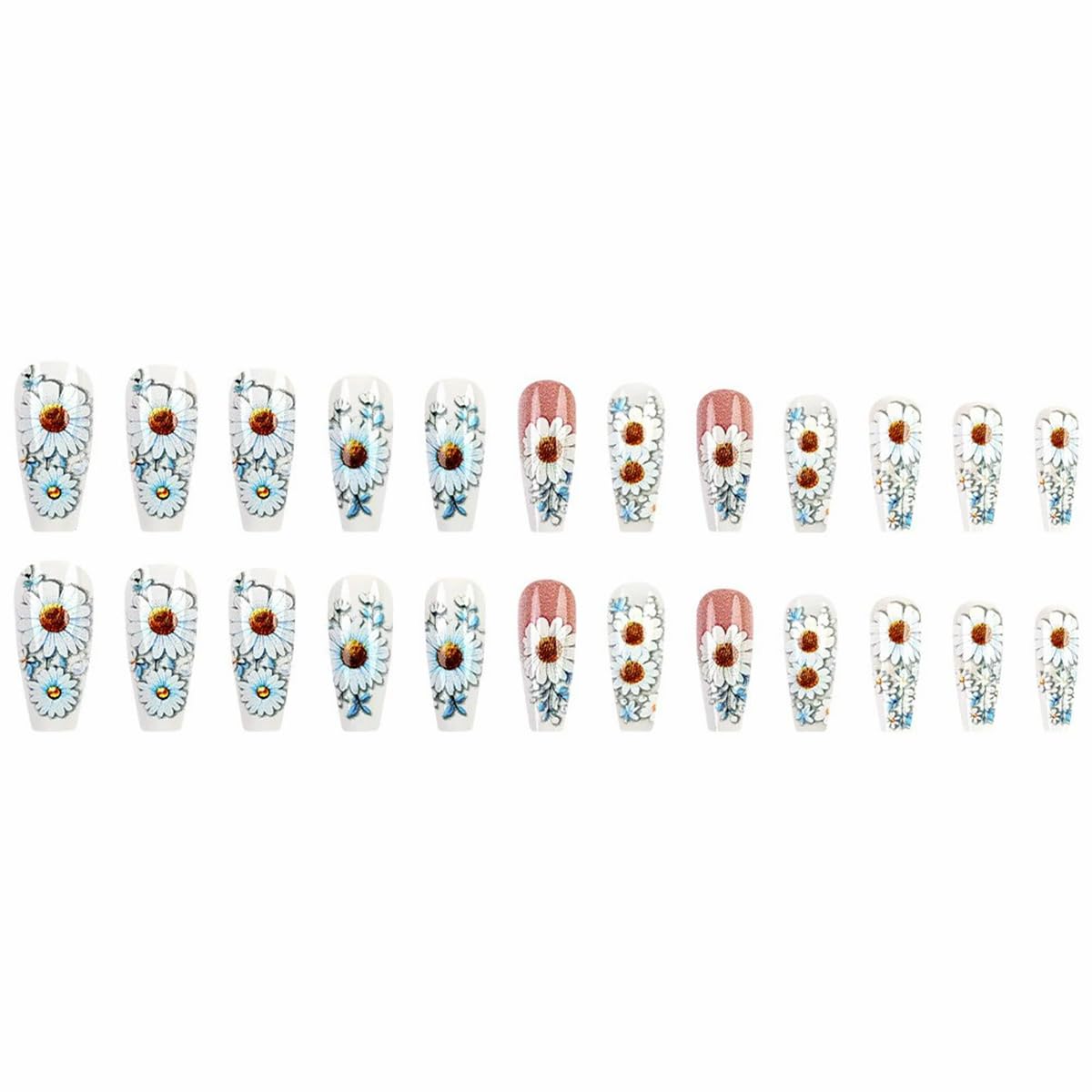 Spring Flower Press on Nails Long Coffin Fake Nails with Daisy Designs Spring Summer Glue on Nails Glossy Flower Acrylic Nails Full Cover False Nails with Glue Reusable Stick on Nails for Women 24PCS