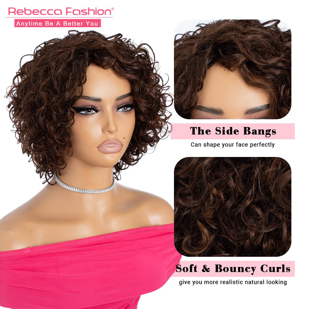 Rebecca Fashion Short Curly Human Hair Wigs for Black Women Cute Curly Bob Wig Side Part Non Lace Glueless Wigs Brazilian Remy Natural Looking Natural Looking MIixed Medium Brown Color