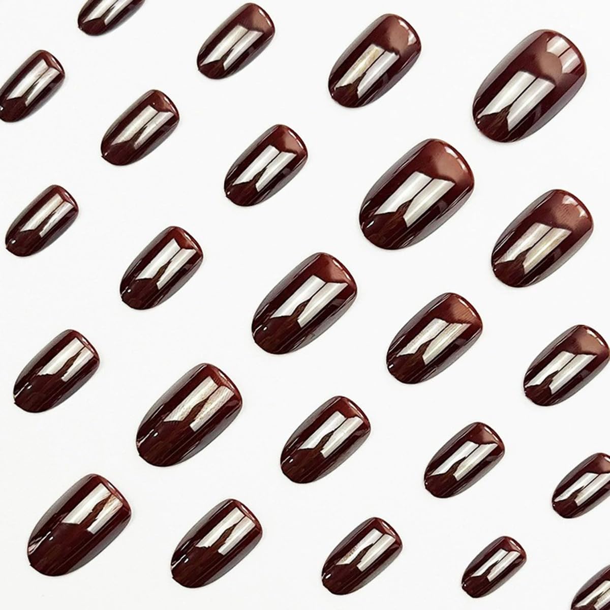 Short Press on Nails Oval Fake Nails Coffee Brown Acrylic Glue on Nails Almond Shape Magic Mirror Gel Acrylic Press on False Nail Kit Full Cover Reusable Stick on Nails for Women Girls 24PCS