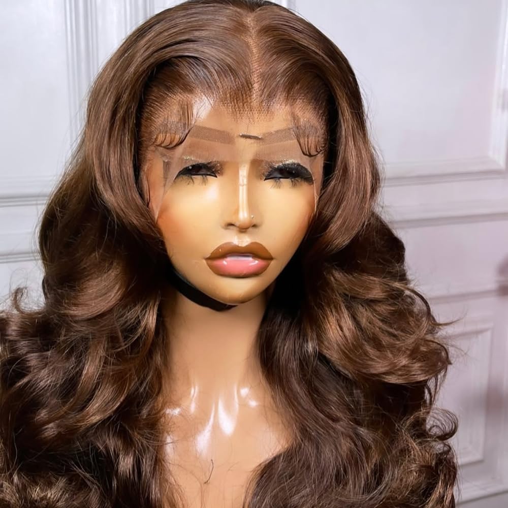SISIFIRE 26 Inch Body Wave Lace Front Wigs for Women 13*4 Inch Heat Resistant Fiber Brown Long Loose Curly Wavy Lace Wig with Baby Hair Synthetic Lace Wig Glueless Lace Front Wig for Daily Party Use