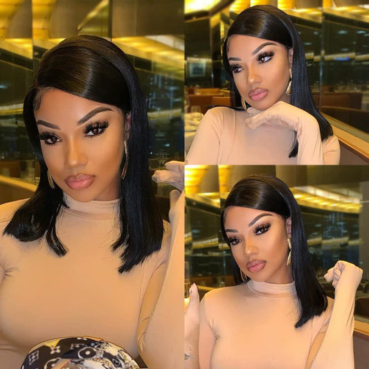 13x6 Lace Front Wigs Human Hair Bob Wig Human Hair Frontal Lace Wig Glueless Wigs Human Hair Pre Plucked Transparent Short Wigs for Women 150% Density (Natural color 13X6 straight bob, 16 Inch)