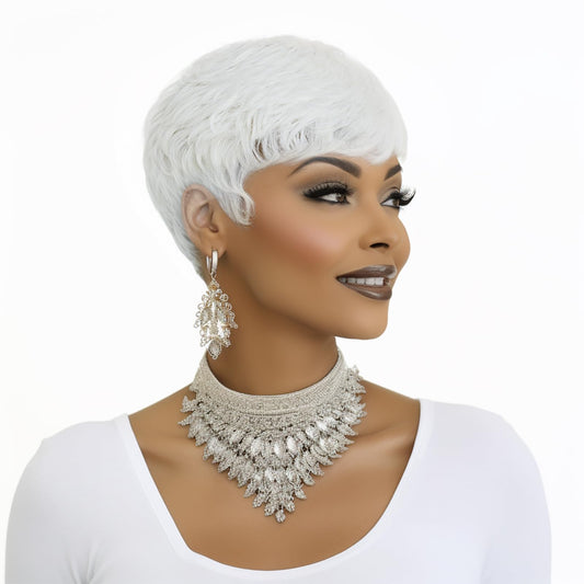 BOBCOO White Short Pixie Wigs for Black Women,Natural Wavy Synthetic Hair with Lightweight Cap, Soft Textured Short Bob Cut Wig(White)