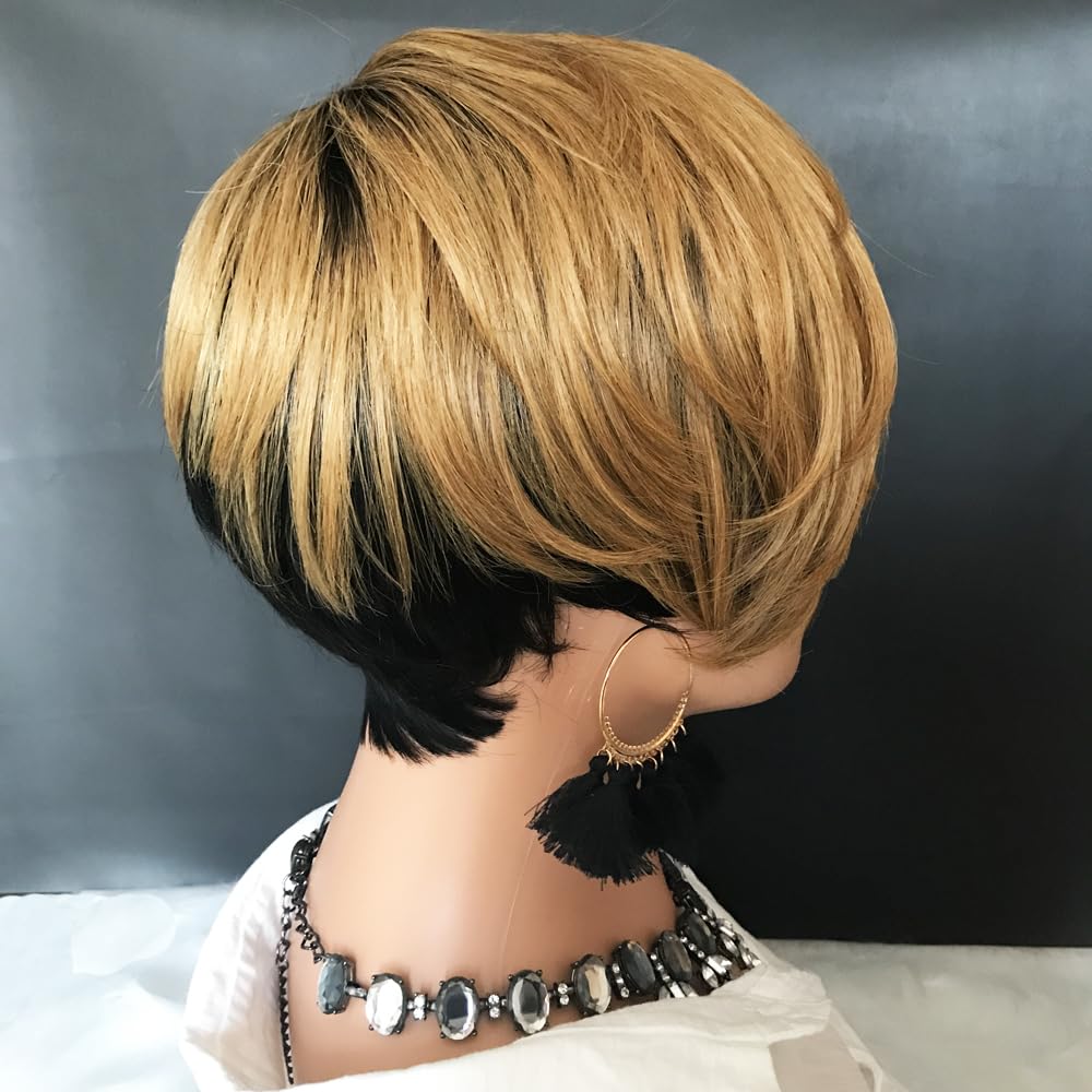HOTKIS Short Human Hair Wigs for Black Women Short Blonde Bob Pixie Cut Wig Human Hair Short Wigs Human Hair Natural Straight Pixie Wig with Bangs Ombre Blond 1b/27# 8inch