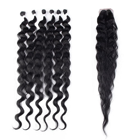 DÉBUT Wavy Long Synthetic Hair 6 Bundles with Easy Closure Body Wave High Temperature Fiber Hair Weave 7PCS 320g 1B Color