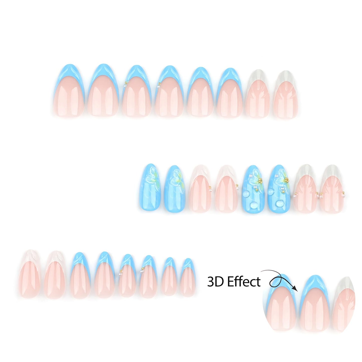 24 Pcs Blue Almond Press on Nails Medium Length Fake Nails 3D Flower and Water Ripple Design Artificial Acrylic Nails Press ons Cute French Tip False Nails Summer Glue-Free Nails for Women