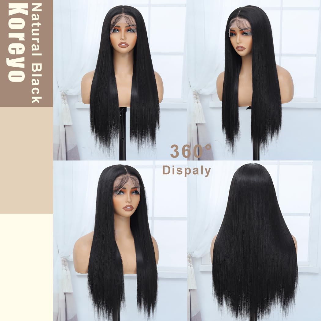 Koreyo Lace Front Wig Pre Plucked 13x4 HD Glueless Honey Blonde Lace Front Wig for Women Natural Looking Synthetic Heat Resistant Fiber Lace Wig (26 Inch) (Black)