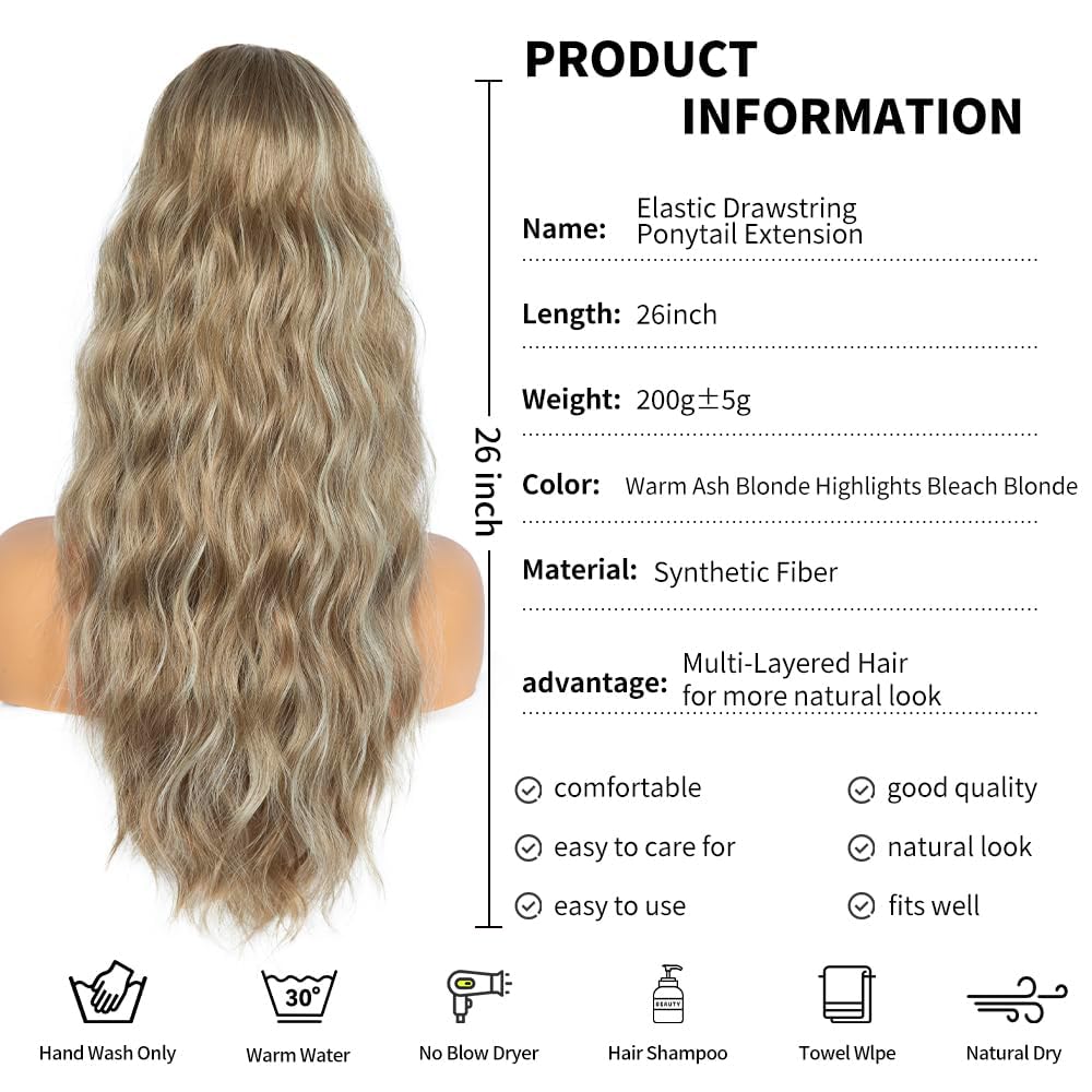 Ponytail Extension for Women, 26 inch Drawstring Ponytail Extension, Wavy Pony Tails Hair Extensions, Synthetic Hair Extensions Ponytail for Daily Use (Color: Light Ash Brown Mixed White)