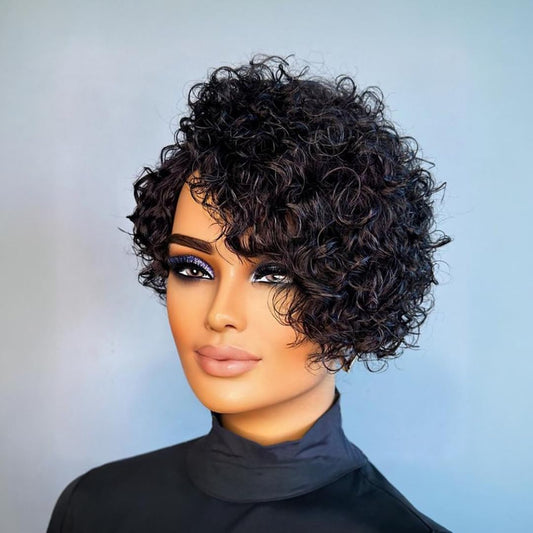 PurpleSexy Chic Elegent Pixie Cut Wigs for Black Women 8inch 180% Density Short Layered Pixie Cut Curly Wigs With Bangs Glueless Brazilian Virgin Curly Human Hair