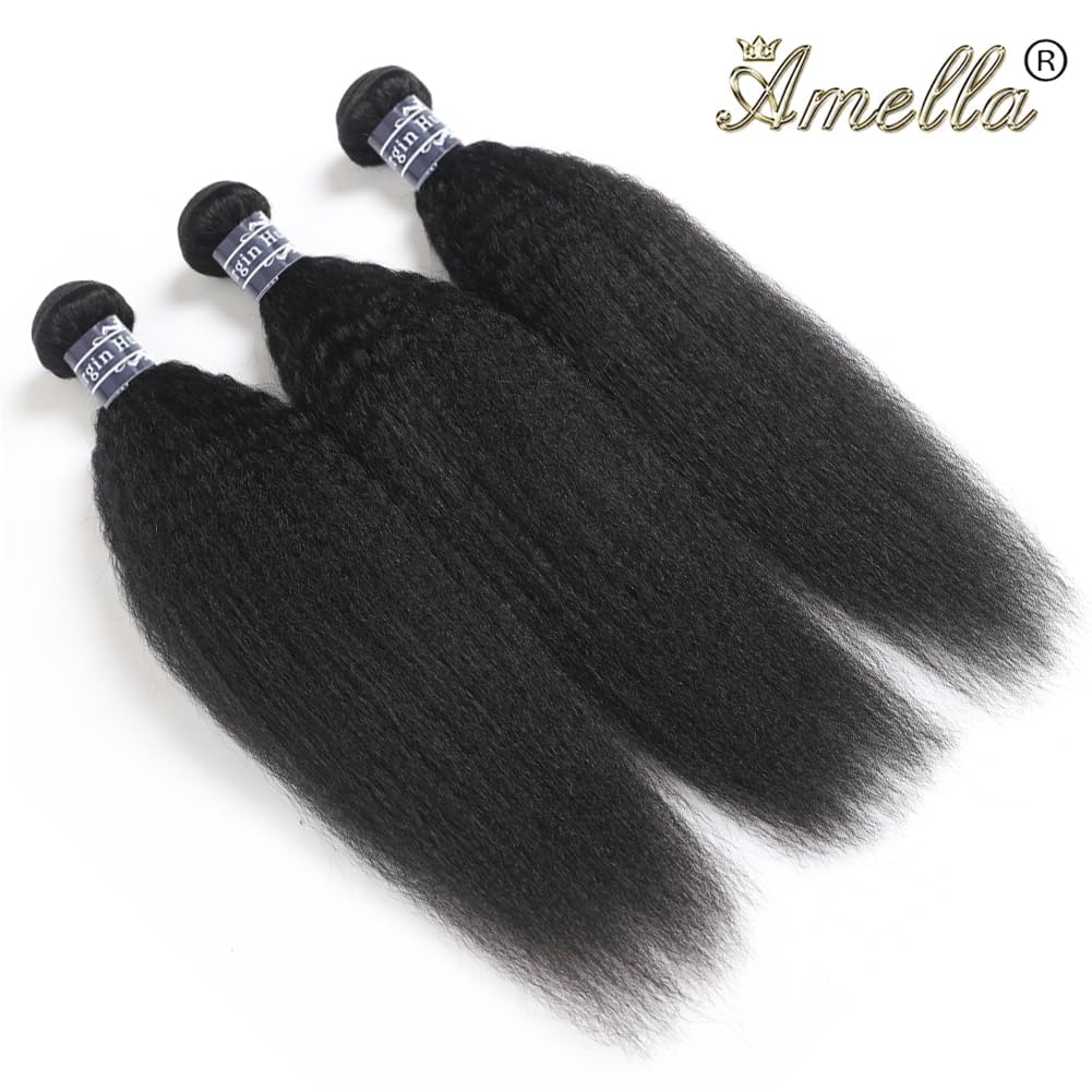 Amella Hair 10A Kinky Straight Hair 1 Bundles Yaki Human Hair Weave Unprocessed Brazilian Virgin Remy Sew in Hair Extensions Natural Black(12inch)