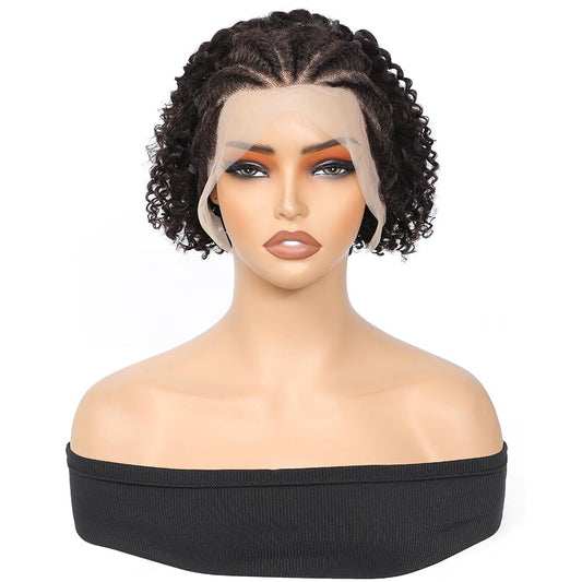 Inghood Braided Lace Front Wigs For Black Women Braided Curly Human Hair Wigs Fully Handmade Braided Wig Pixie Cut Wig 13x4 Lace Front Wigs Human Hair Curly Bob Wig Human Hair (Natural Color)
