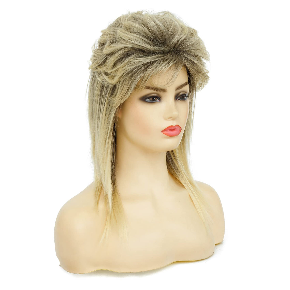 Swiking Mullet Wigs for Women Blonde Curly Soft Heat Resistant Shoulder Length Hair 80s Rocker Cosplay Halloween Dark Roots Synthetic Wigs (Blonde Mix Black)