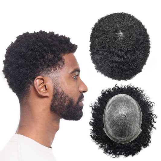 Man Weave Hair Unit for Black Men Curly Afro Brazilian Hair Replacement System Wig for American African Black Men Full Poly Skin All PU Injected Wave Hairpiece (1B# Off Black, 8MM Afro Wave)