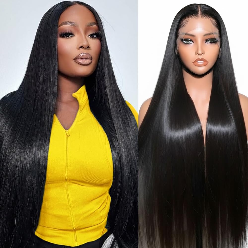Ruibor 13x6 Lace Front Wigs Human Hair Pre Plucked Straight Wigs Human Hair 200 Density Glueless HD Lace Frontal Wigs No Tangle Tiny Knots Black Wig Soft Heat-Resistant Invisilbe Hairline 22 Inch
