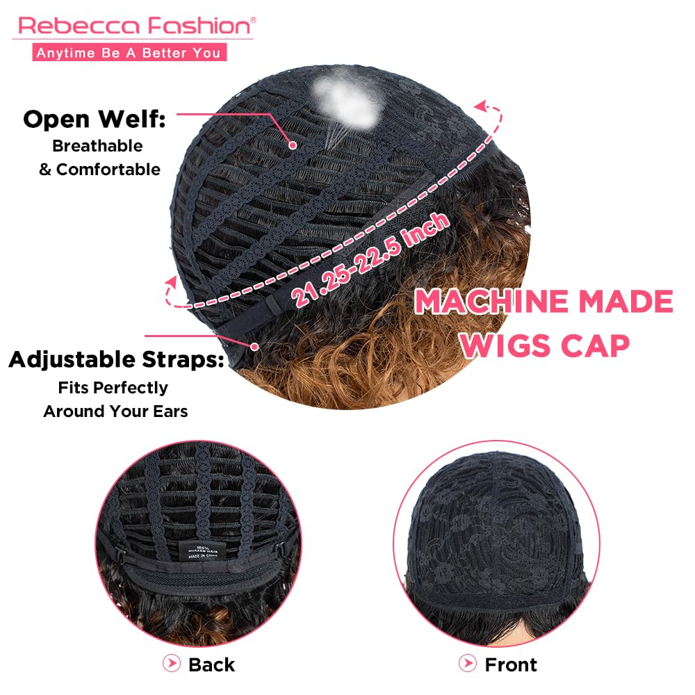 Rebecca Fashion Short Curly Human Hair Wigs for Black Women Cute Curly Bob Wig Side Part Non Lace Glueless Wigs Brazilian Remy Natural Looking Ombre Natural Color to Honey Brown