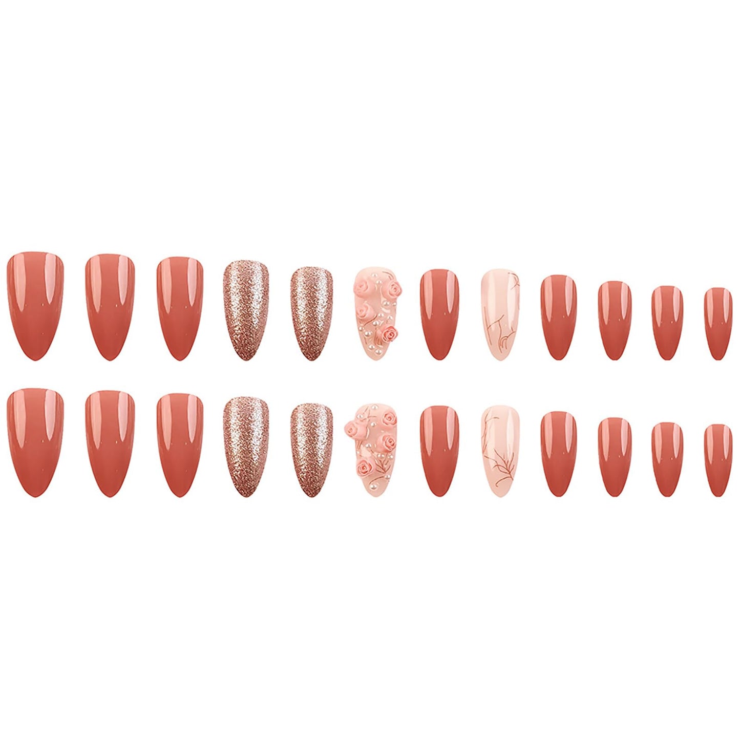24 Pcs Pink Valentine’s Day Press on Nails Almond Medium Fake Nails with Glue 3D Flower False Nails with Pearl Design Glitter Full Cover Valentines Nails Reusable Stick on Nails for Women Spring Nails