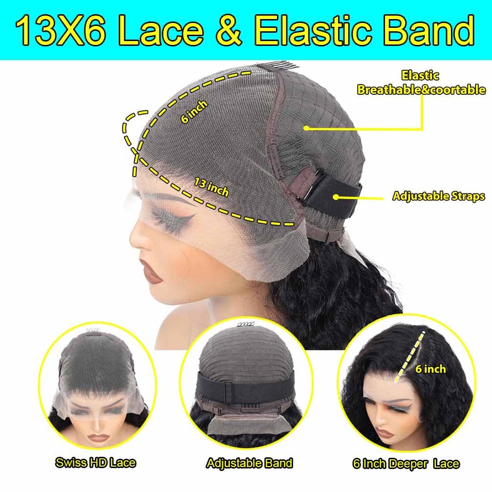 WPPIKK 13x6 Lace Front Wigs Human Hair Pre Plucked Wet and Wavy Human Hair Wigs for Black Women Deep Wave Wig 180 Density Curly Lace Frontal Wig (13x6 Lace Black Color, 34 Inch)