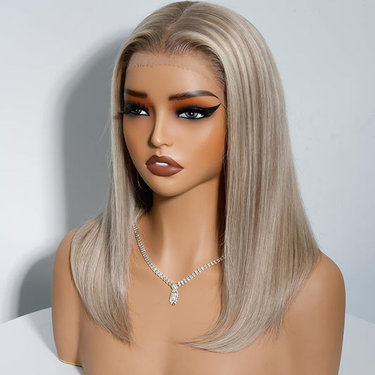 Byluxurious Highlight Ash Blonde Lace Front Wigs Human Hair Pre Plucked Pre Cut Ombre Balayage Brown Straight Soft Short Bob 13x4 UHD Lace Real Human Hair Wig For Women 14Inch 180% Density