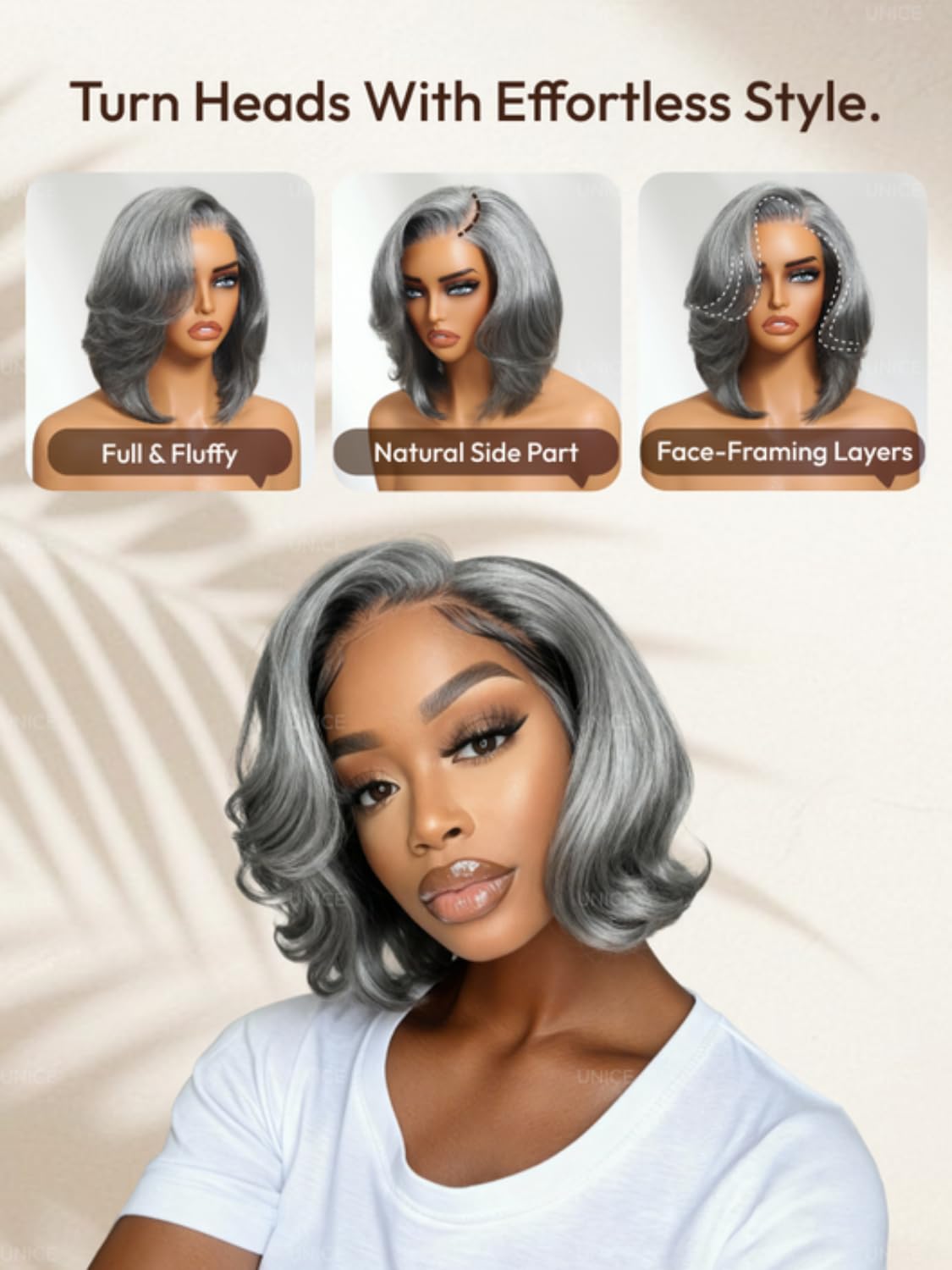 Nadula 8inch Short Salt and Pepper Glueless Side Part Grey Wig Human Hair with Blowout Face Framing Layers, 6x1.5 T Part Lace Closure Wig Pre Plucked Bleached Knots Ready to Go Short Wavy Bob Wig