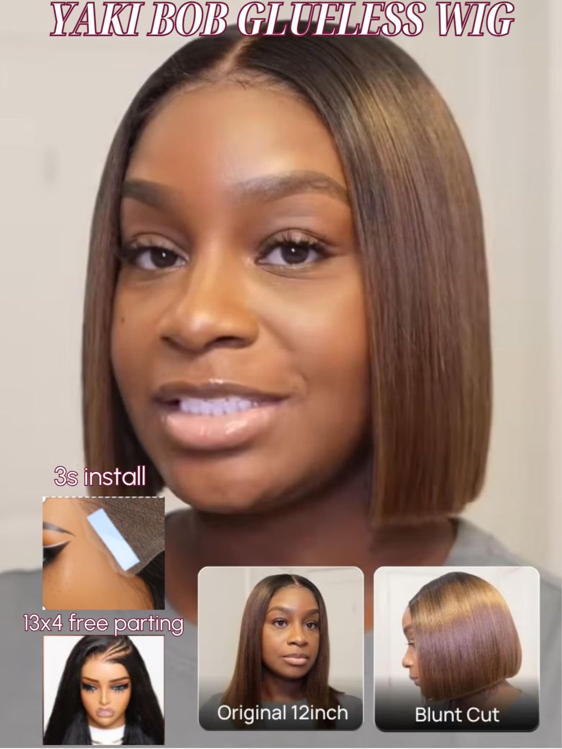 Beauty Forever Bob Drawstring Wig Human Hair Black to Chestnut Brown Yaki Straight Bob Glueless 13x4 Pre Everything Lace Front 150% Density 10 Inch Pre Cut Plucked Bye Bye Knots Ready to Go Short Wig