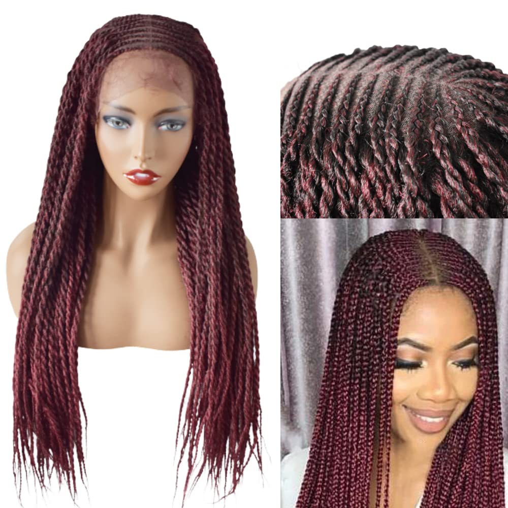 Knotless Cornrow Braided Wig For Black Women Soft Lace Micro Braiding Wig Baby Hair Box Braids Wigs Light Weight Curly Synthetic Braid Wig For Women (#1B/99JT-#Black/Deep WineT)