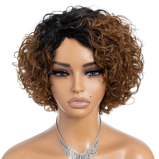 Rebecca Fashion Short Curly Human Hair Wigs for Black Women Cute Curly Bob Wig Side Part Non Lace Glueless Wigs Brazilian Remy Natural Looking Ombre Natural Color to Honey Brown