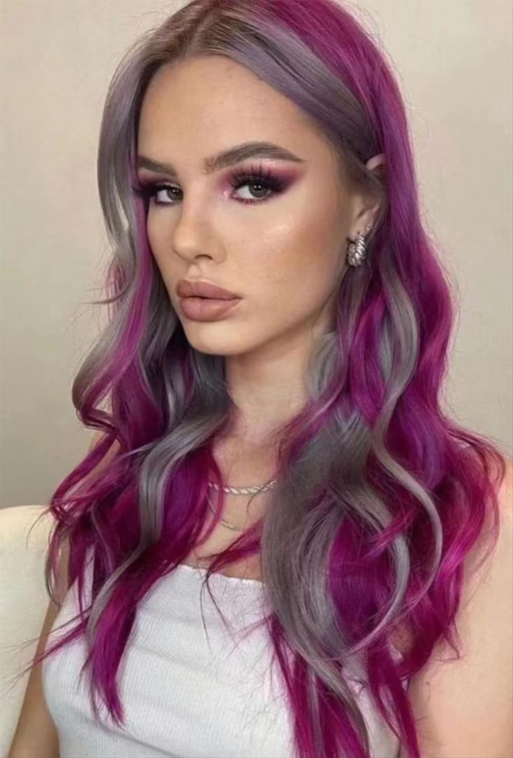 SISIFIRE Purple Gray Highlight Wavy Wigs for Women Synthetic Small Lace Front Wig Long Curly Wavy Wigs for Daily Party Use Heat Resistant Fiber Wig