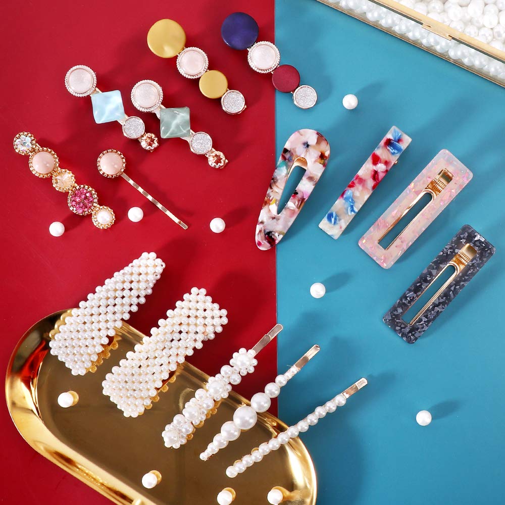 28 PCS Hingwah Pearls and Acrylic Resin Hair Clips, Handmade Hair Barrettes, Marble Alligator bobby pins, Glitter Crystal Geometric Hairpin, Elegant Gold Hair Accessories, Gifts for Women Girls