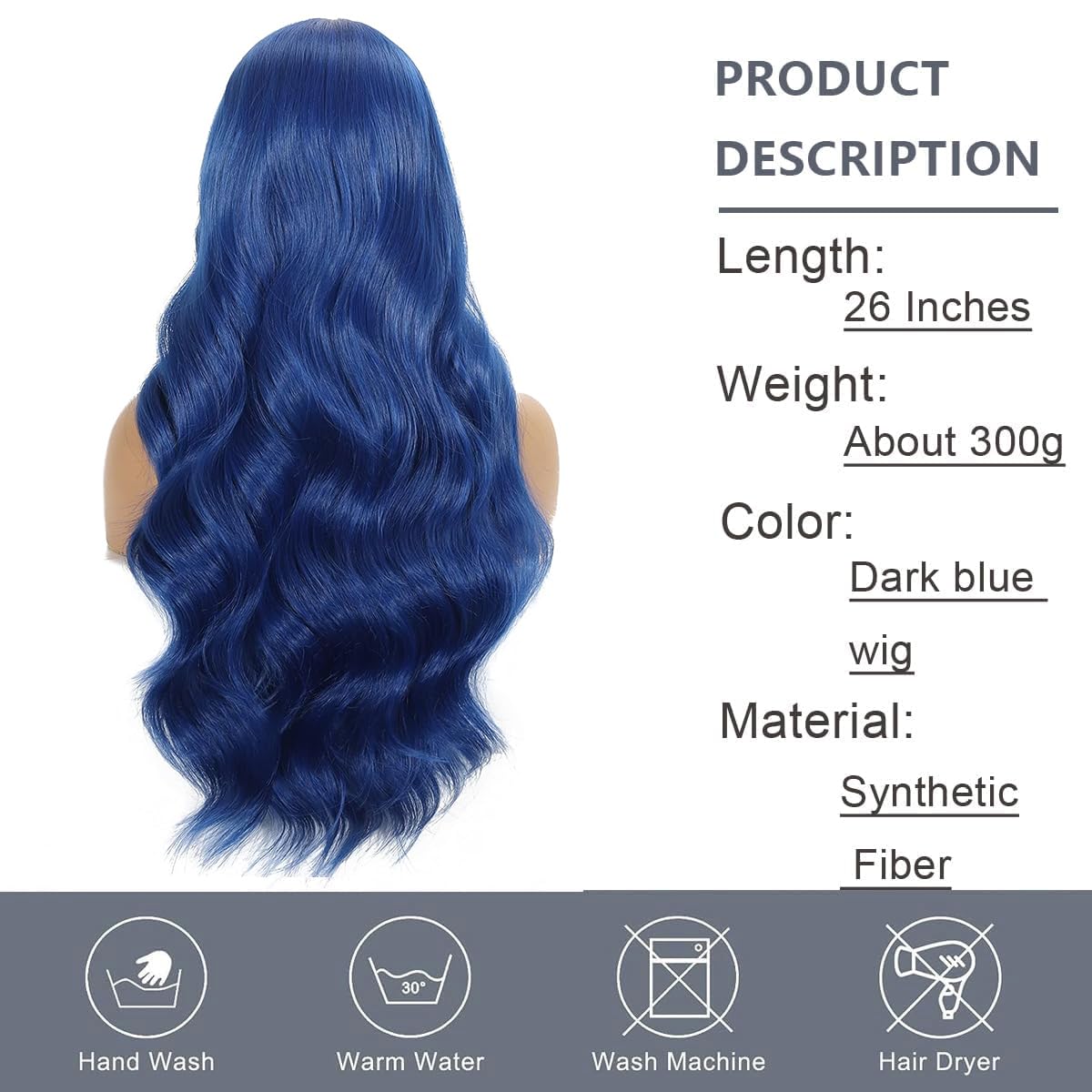 Sabosi Blue wig Long Wavy Wigs for Women 26 Inch Middle Part Curly Wavy Wig Natural Looking Synthetic Heat Resistant Fiber Wig for Daily Party Use
