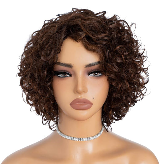 Rebecca Fashion Short Curly Human Hair Wigs for Black Women Cute Curly Bob Wig Side Part Non Lace Glueless Wigs Brazilian Remy Natural Looking Natural Looking MIixed Medium Brown Color