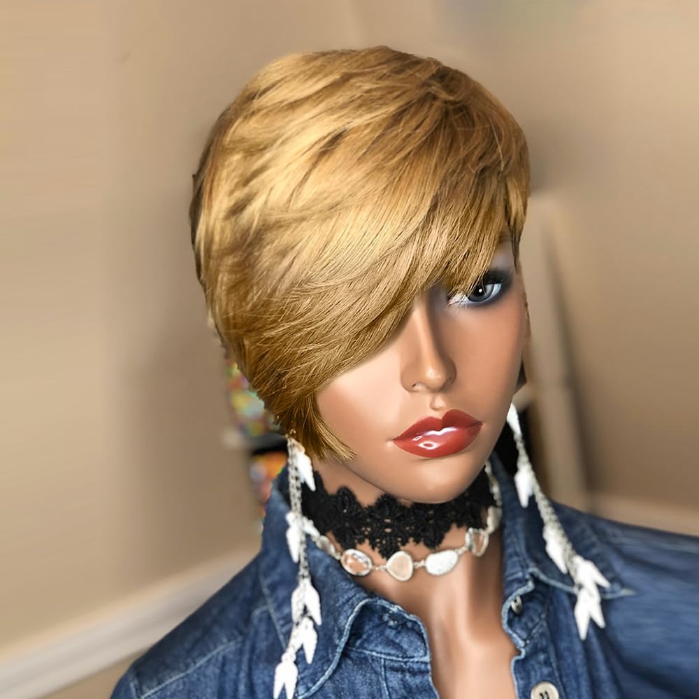 HOTKIS Short Human Hair Wigs for Black Women Short Blonde Bob Pixie Cut Wig Human Hair Short Wigs Human Hair Natural Straight Pixie Wig with Bangs Ombre Blond 1b/27# 8inch