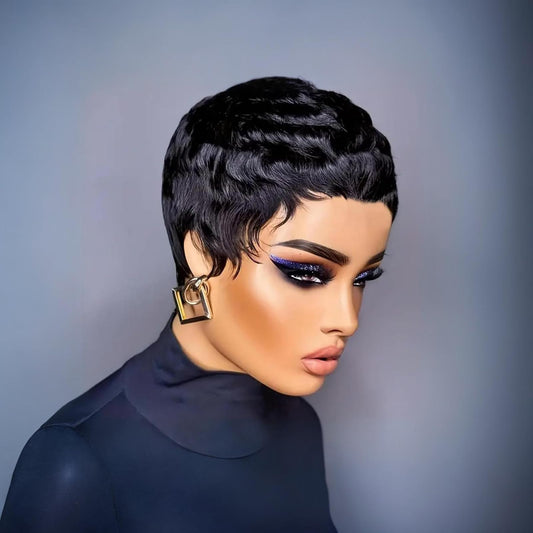 QiaQiaRing Pixie Cut Wig Human Hair for Black Women Glueless Short Layered Pixie Cut Wigs With Bangs Summer Hairstyle Natural 1b Color (1b color)