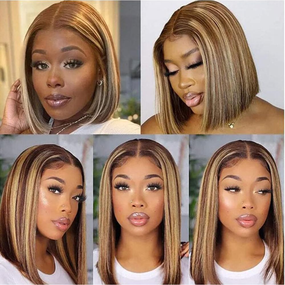 14 Inch Brazilian Straight Hair P4/27 13x4 Lace Front Bob Wig Human Hair 13x4 HD Transparent Lace Frontal Wigs Human Hair 180% Density Highlight Ombre Bob Wigs for Women Glueless Pre Plucked Wig.