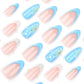 24 Pcs Blue Almond Press on Nails Medium Length Fake Nails 3D Flower and Water Ripple Design Artificial Acrylic Nails Press ons Cute French Tip False Nails Summer Glue-Free Nails for Women