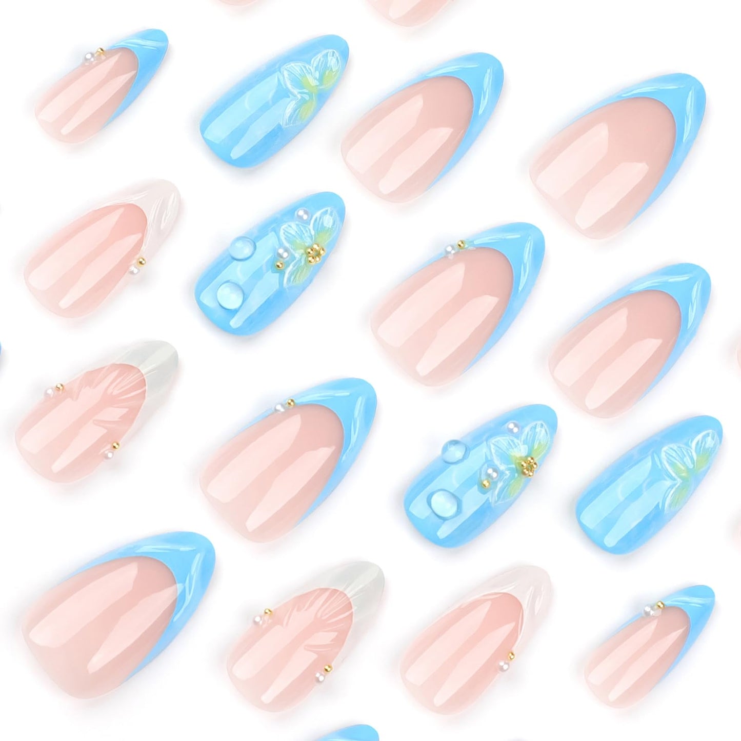 24 Pcs Blue Almond Press on Nails Medium Length Fake Nails 3D Flower and Water Ripple Design Artificial Acrylic Nails Press ons Cute French Tip False Nails Summer Glue-Free Nails for Women