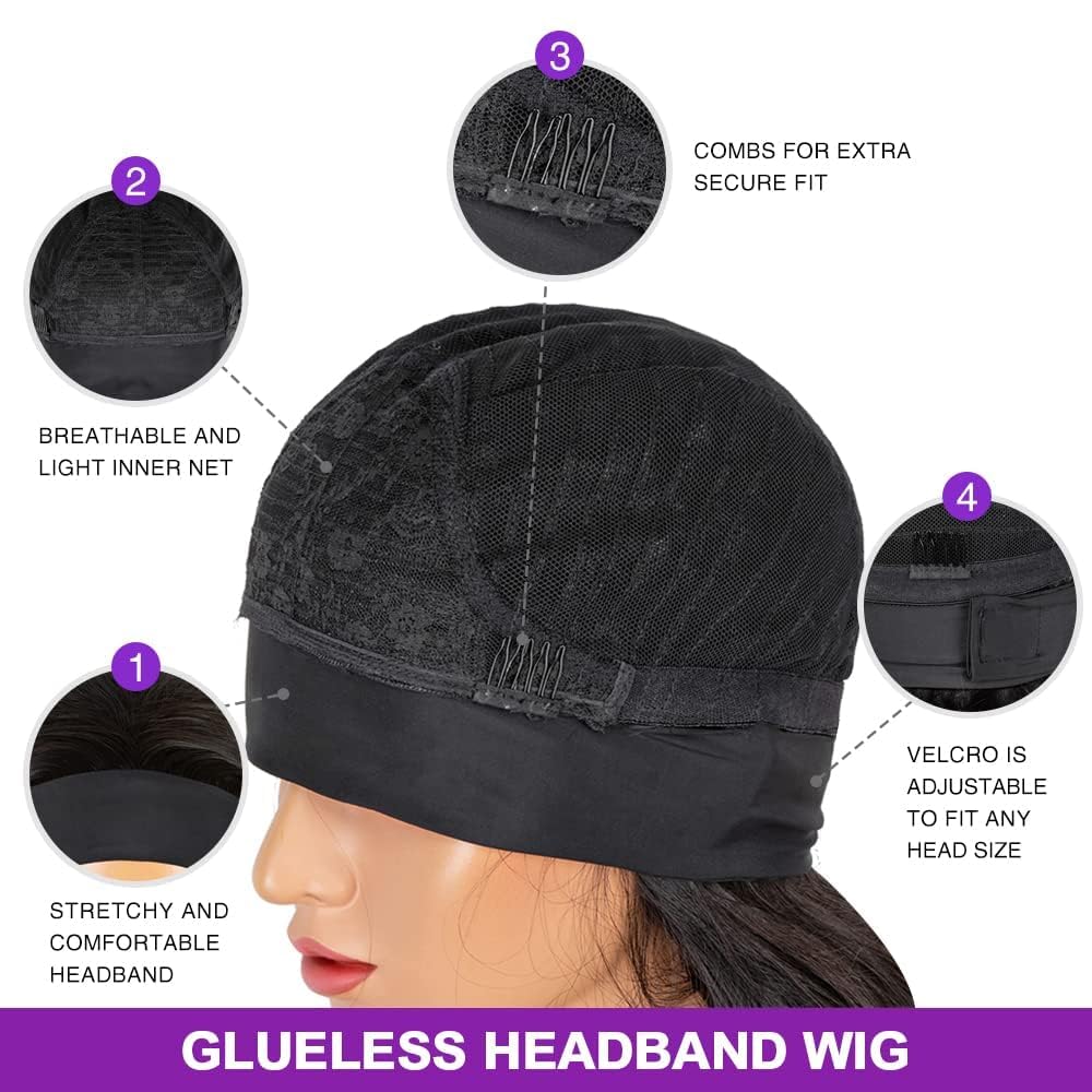 Curly Headband Wig, Beginner Friendly Wear and Go Glueless Wig with Headband Attached, Heat-resistant Soft Synthetic Hair As Human Hair, Water Wave Half Wigs for Black Women (Natural Black, 18 Inch)