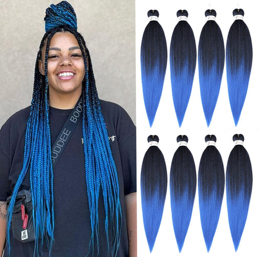 Pre-Stretched Braiding Hair, 20 inch Braiding Hair 8 Packs Ombre Black to Blue Professional Soft Yaki Texture, No Itch, Hot Water Setting Hair Extensions for Braids (20in,1B/Blue)