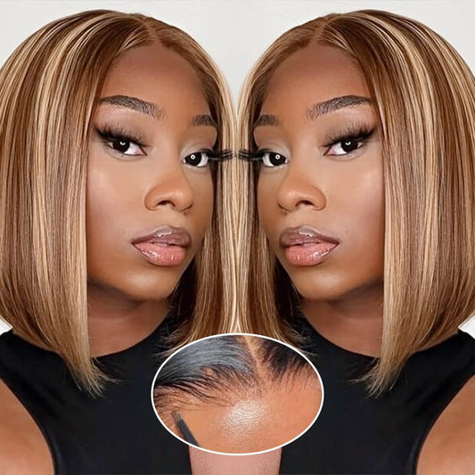 Ombre Bob Wig Human Hair 4/27 Highlight Honey Blonde Lace Front Bob Wigs Human Hair 200% Density Glueless Wigs Human Hair Pre Plucked Pre Cut 9x6 HD Lace Front Wigs Human Hair for Black Women 12 inch