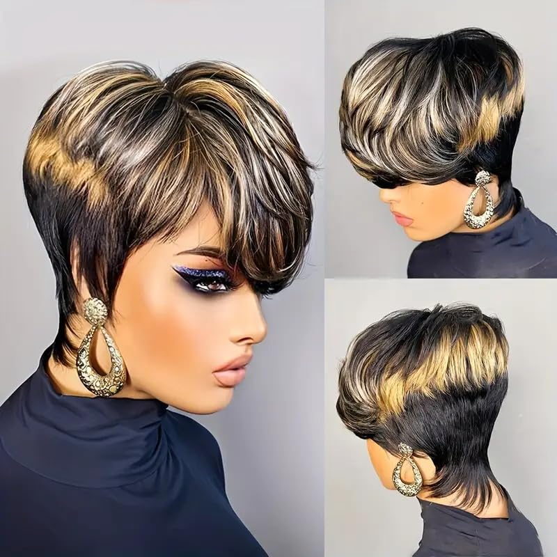 PurpleSexy Pixie Cut Wigs for Black Women Human Hair 1b/30/613 blonde Color Short Layered Pixie Cut Wig With Bangs for Women Daily Use Hair Glueless Full Machine Made Wig(1b/30/613)