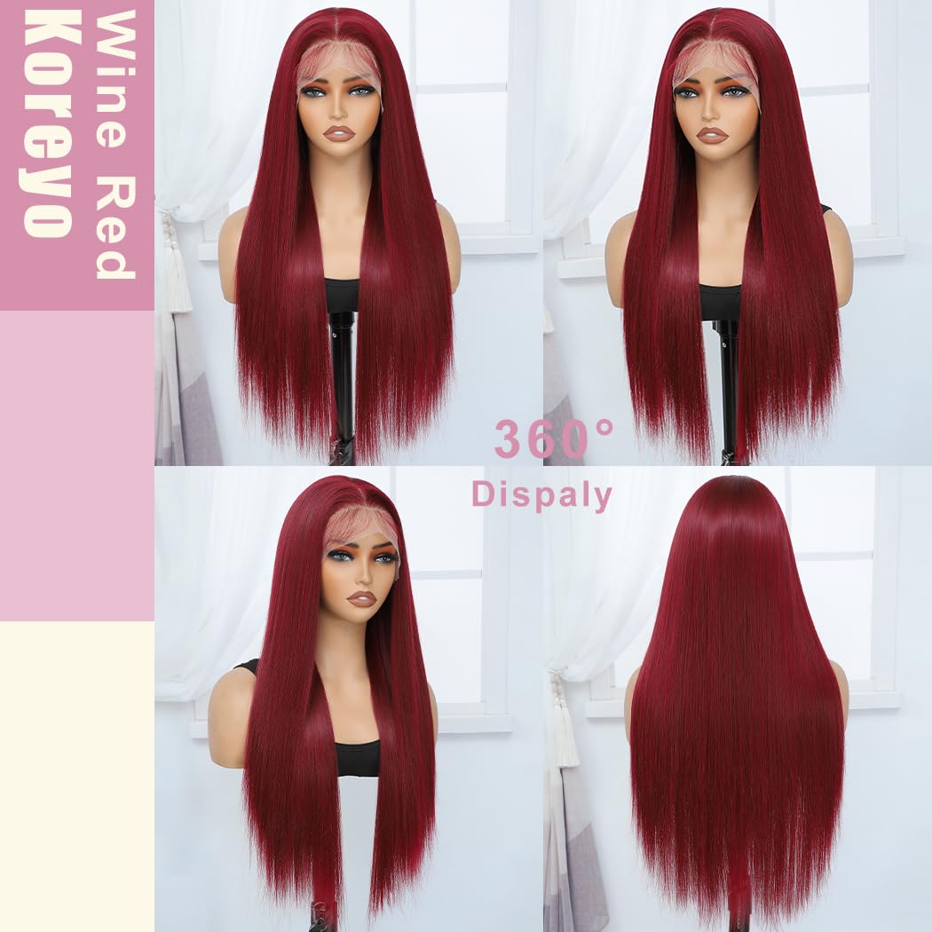 Koreyo Lace Front Wig Pre Plucked 13x4 HD Glueless Honey Blonde Lace Front Wig for Women Natural Looking Synthetic Heat Resistant Fiber Lace Wig (26 Inch) (Wine Red)