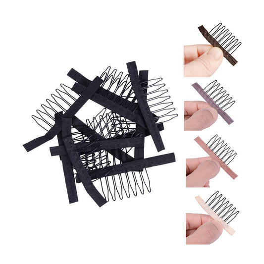 24 pcs/lot Wig Combs for Making Wig Caps 7-teeth Wig Clips Steel Teeth with Cloth Wig Combs for Hairpiece Caps Wig Accessories Tools Wig Clips for Wig (Black)