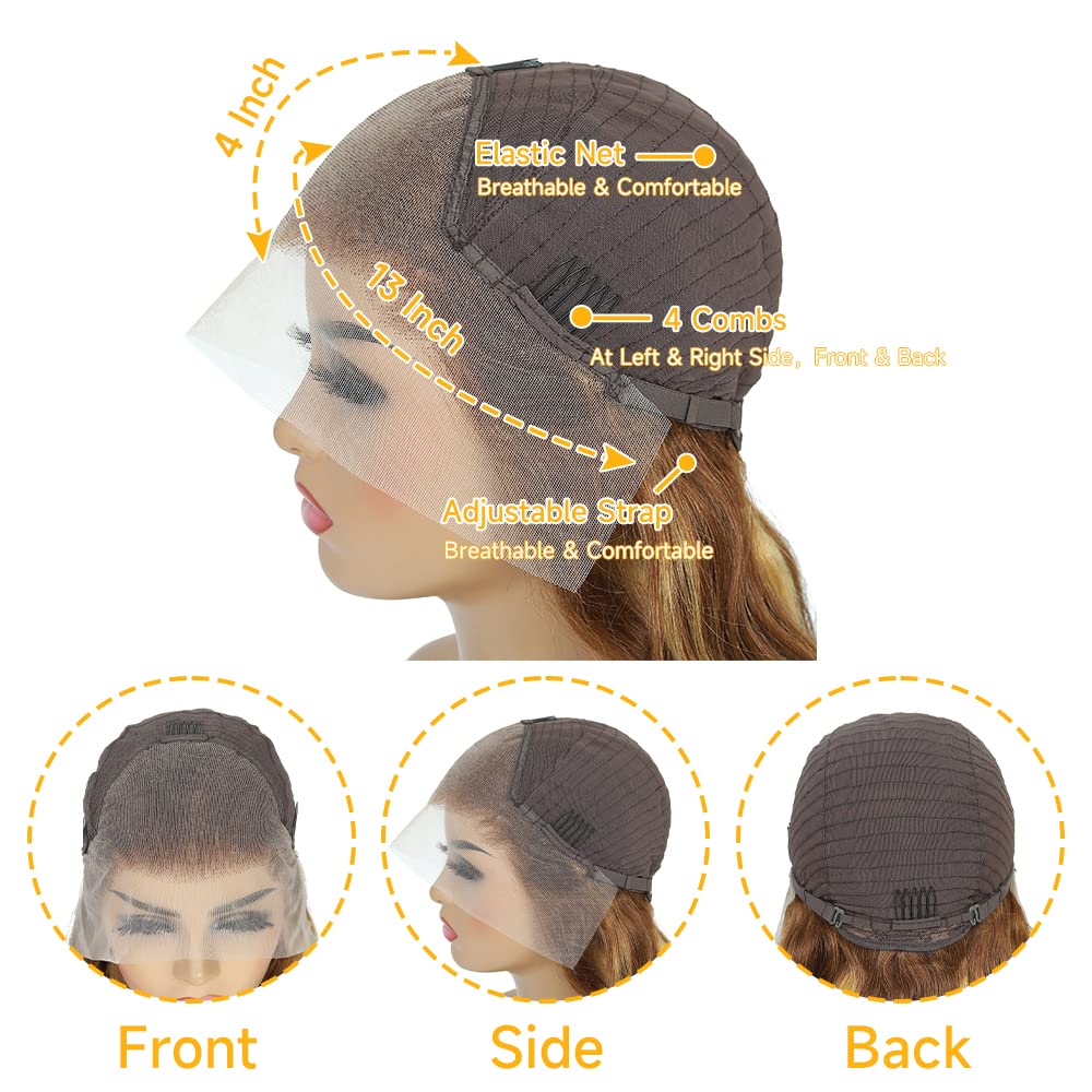 Loyom Highlight Ombre Lace Front Wig Human Hair Pre Plucked 13x4 HD Transparent 4/27 Honey Blonde Lace Frontal Wigs For Women with Baby Hair 200 Destiny Body Wave Lace Front Wigs Human Hair 32 Inch