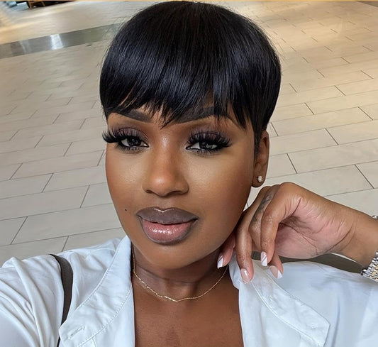 Amecire Pixie Cut Wig for Black Women Human Hair Short Human Hair Wigs Mommy Hair None Lace Front Wig 180% Density Short Layered Wigs with Bangs for Daily Wear Natural Color