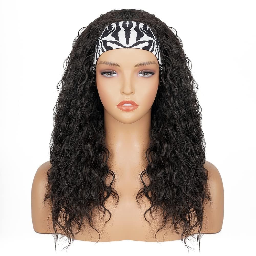 Curly Headband Wig, Beginner Friendly Wear and Go Glueless Wig with Headband Attached, Heat-resistant Soft Synthetic Hair As Human Hair, Water Wave Half Wigs for Black Women (Natural Black, 18 Inch)