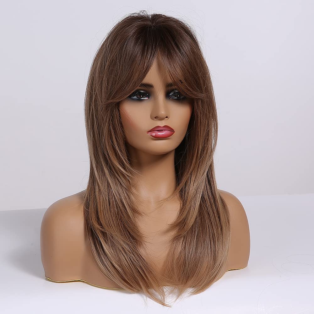 Tumhorn Long Ombre Brown Wigs with Bangs for Women Synthetic Hair Wig Natural Looking Heat Resistant Wavy Wigs